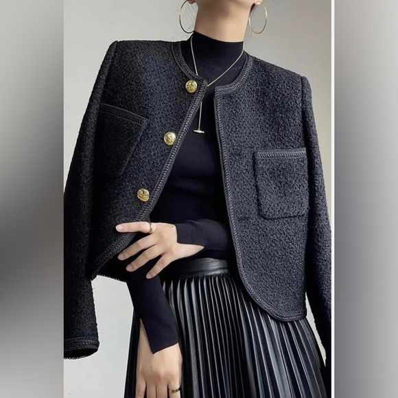 Black Tweed Wool Blend Cropped Women’s Blazer size S - Picture 2 of 16